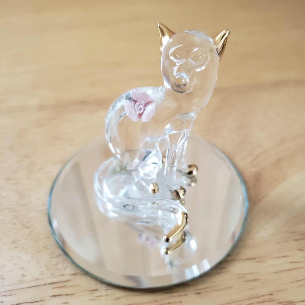 Glass Baron Cat Figurine Pink Rose 22K Gold Mirror Base 2" Vintage